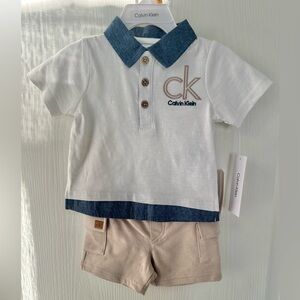 Calvin Klein White and Denim Kids Polo Shirt and Matching Shorts set